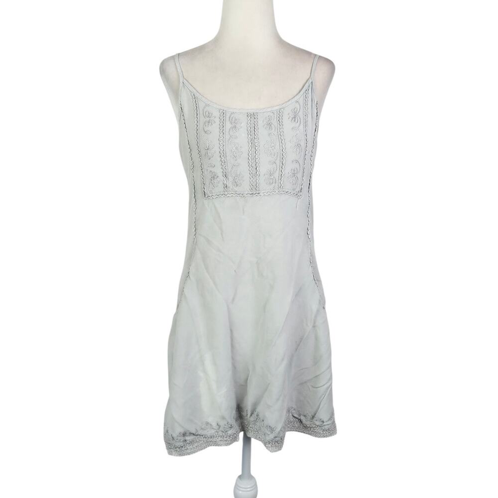 Vintage 90s Devi Light Grey Boho Embroidered Rayon Mini Dress